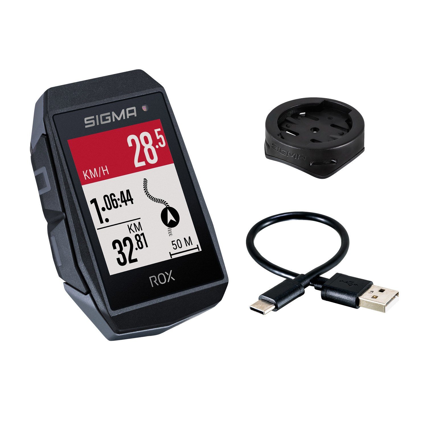 Sigma ROX 11.1 EVO GPS Black stuurhouder USB-C oplaadkabel