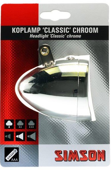 Simson koplamp Classic chroom incl. batterijen op kaart